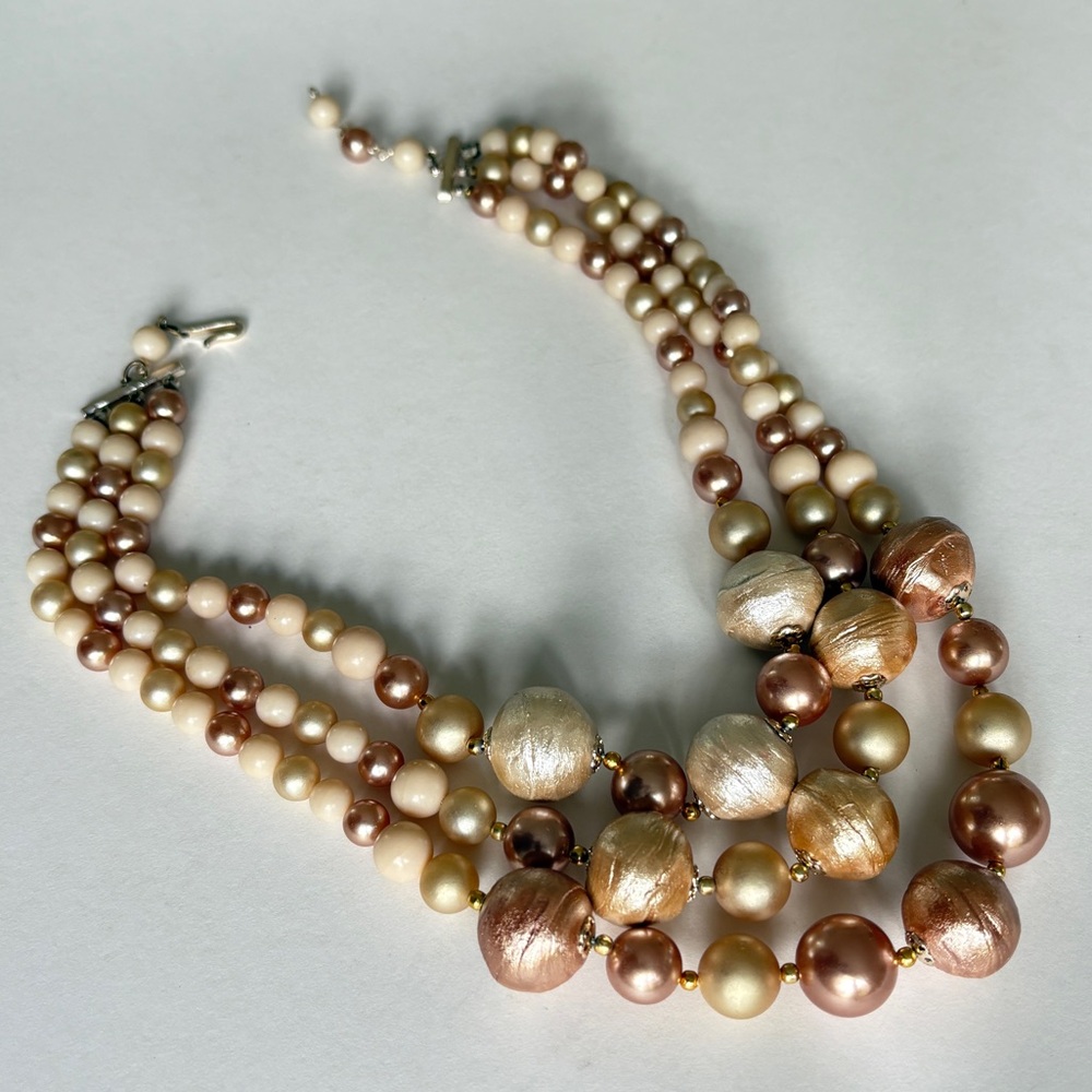 Vintage 60s Multi-Strand Bead Necklace – Cream & Copper Tones